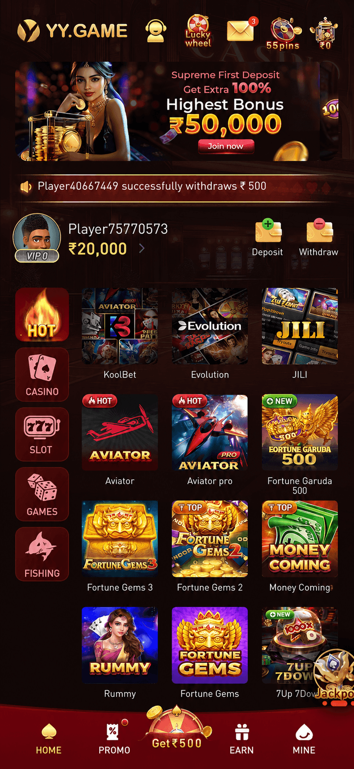The YY Game app home lobby on an Android phone, showing casino, slot, games and fishing categories
