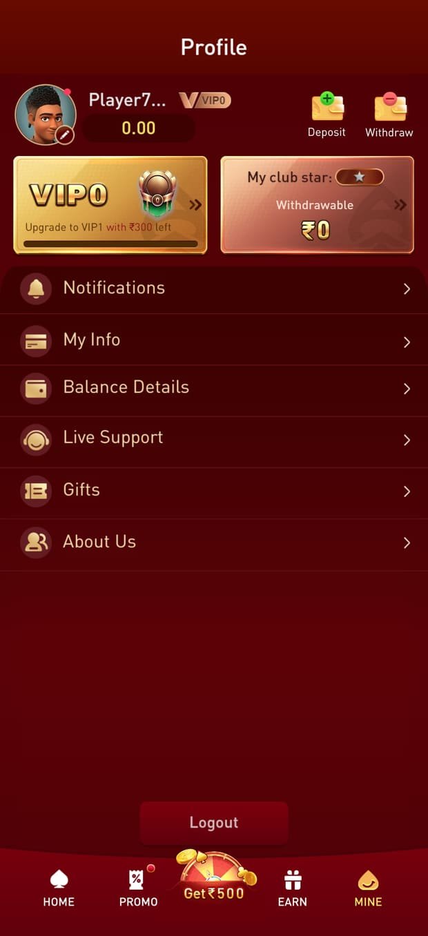 YY Game profile screen with VIP level, notifications, balance details and live support